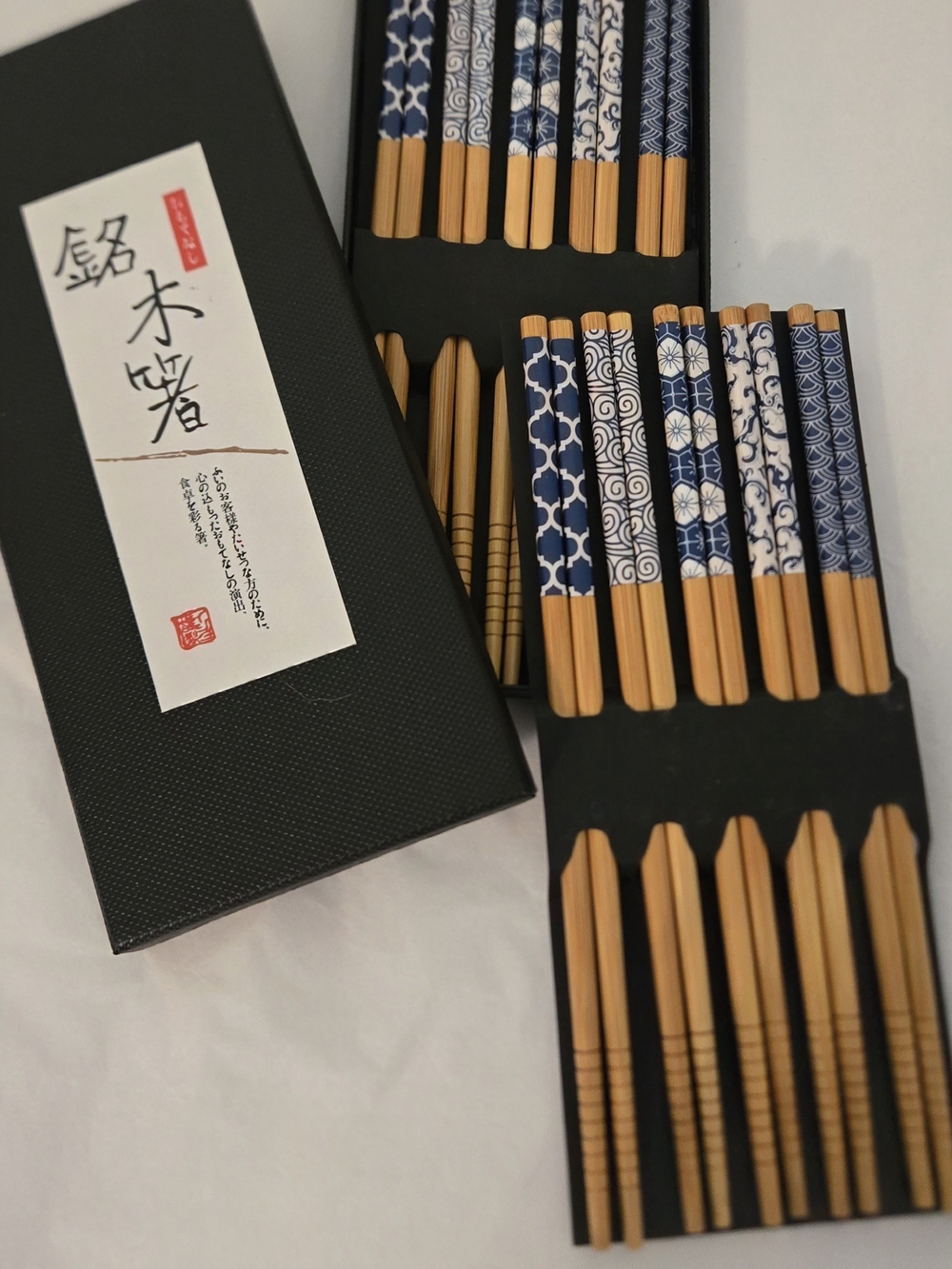 NIB Japanese Natural Bamboo Chopsticks Set – 5 Pairs Blue Patterned Gift Box